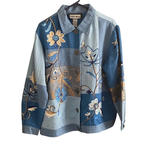 Women Indigo Moon Cotton Silk Embroidered Flower Patchwork Blue Teal Jacket  M - Picture 1 of 15